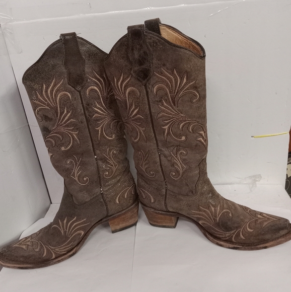 Circle G Cowgirl Boots Brown Distress Suede Leather Floral Embroidery Size 6.5M - Picture 3 of 7